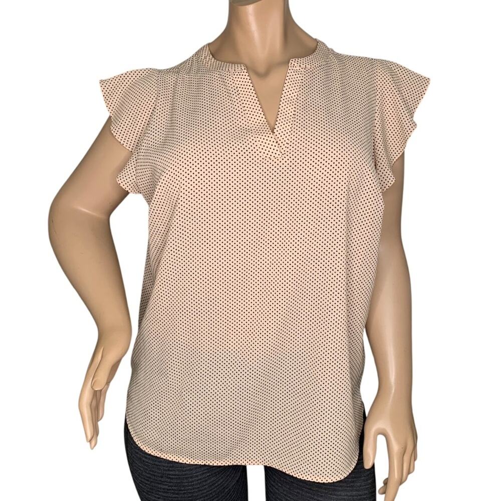 Adrianna Papell Blouse Soft Peach Base Mini Black Polka Dot Size 1X